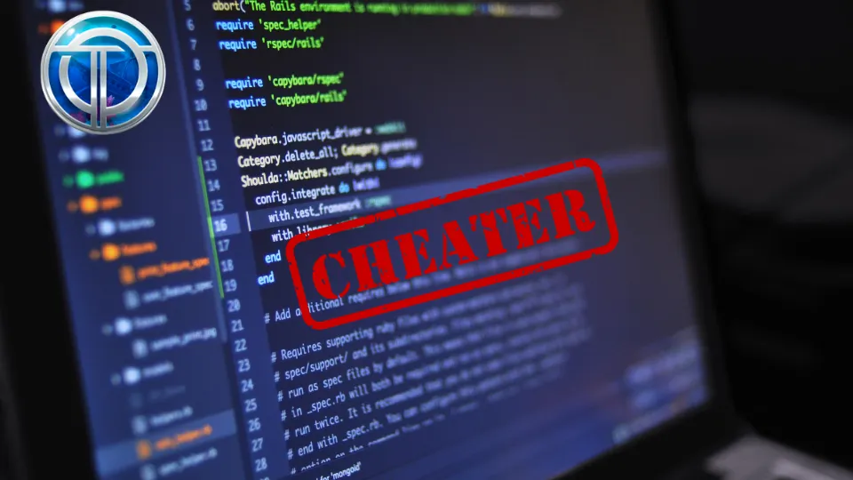 電腦程式畫面上顯示 CHEATER 印章,象徵對後台作弊疑慮的技術質疑