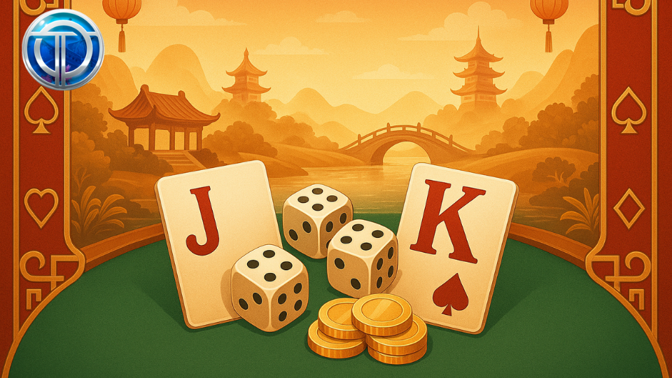 射龍門遊戲專用背景圖,牌面、骰子與金幣組成的古風風格畫面