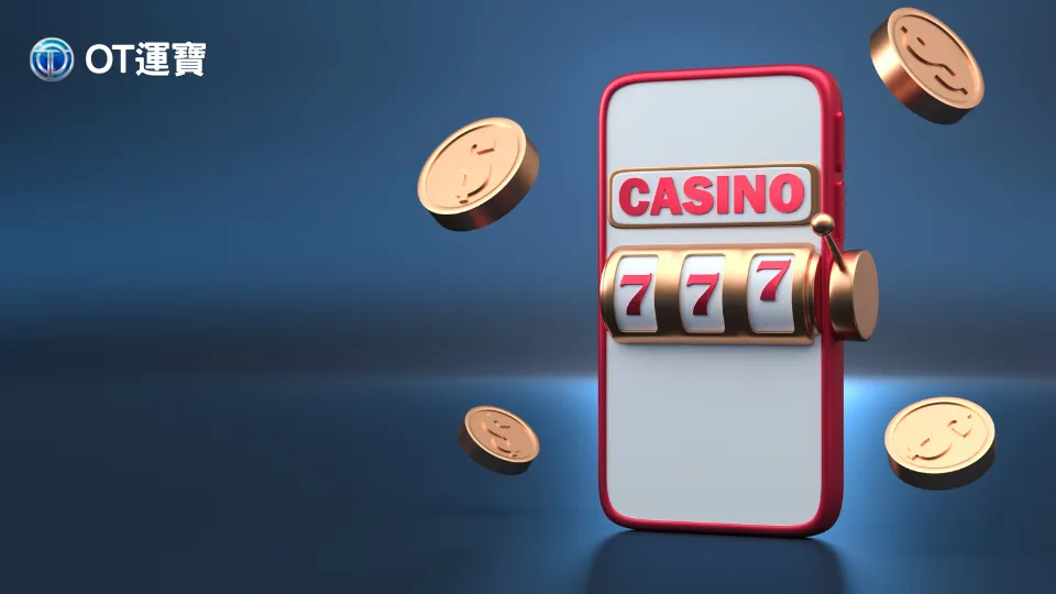 OT運寶娛樂城老虎機主題插圖,手機螢幕顯示777,中英文「CASINO」字樣及金幣飛濺效果。